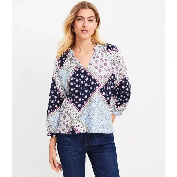 Loft Linen Blend Patchwork Blouse Top Balloon Sleeve Peasant Floral Paisley Med - Picture 1 of 16